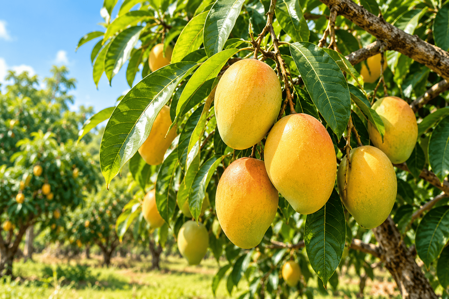 Mango fruits growing on a tree