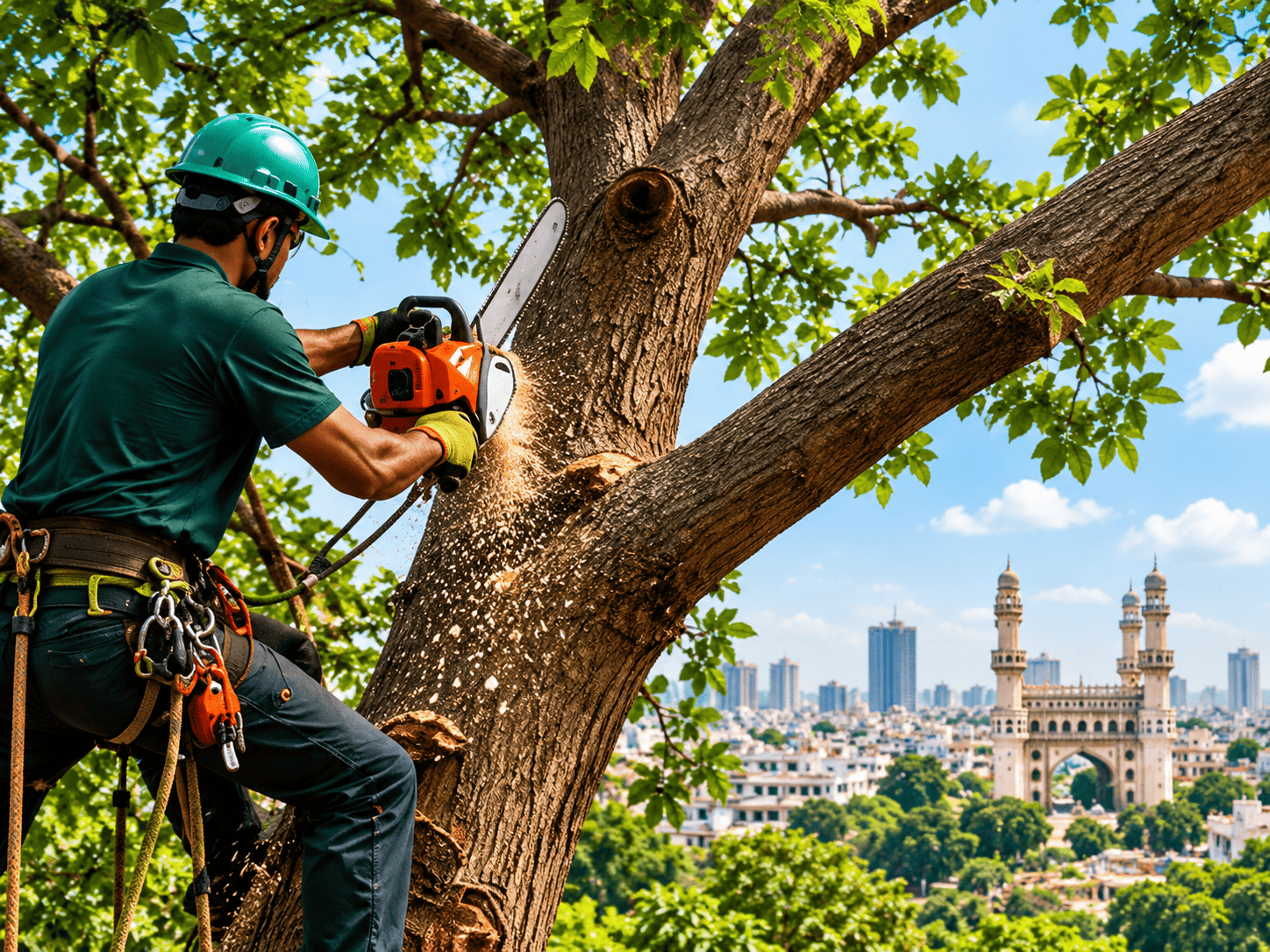 Professional tree cutting specialist working on a tree in Hyderabad